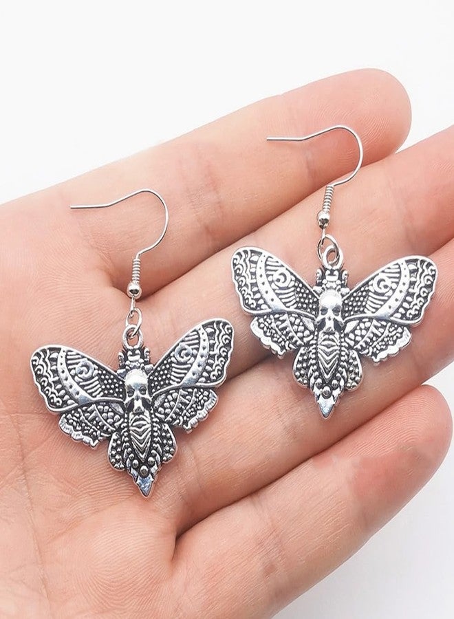 Kawailay 2 Pairs Gothic Moth Earrings Vintage Moth Butterfly Dangle Earrings Punk Rock Hip Hop Skull Drop Earrings for Women - Silver and Black - Image 4